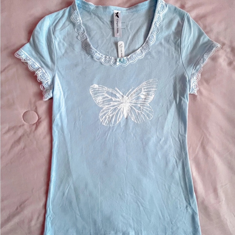 Light Blue Lace Trim Butterfly Top